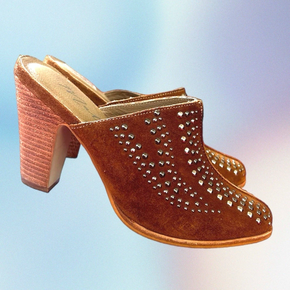 MATISSE Anthropologie Suede Natural Brown Leather Boho Beaded Mule Heel Size 8M - Image 2 of 4