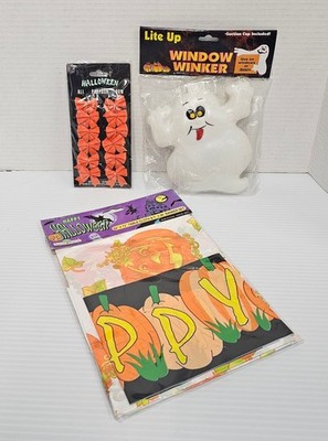 Halloween Decor Lot Window Winker Ghost Table Cover Bows Vtg 1998 Peachtree 