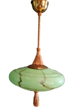 Germany 1930 Hänge Pendellampe Vintage ArtDéco Deckenleuchte mit grünem Opalglas