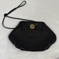 Vintage Black Leather Crossbody Purse Quilted Stitch Bow Gold Accent Bag