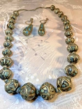 Tibetan Inlay Turquoise & Silver Necklace & EarR Antique Set - Needs New Clasp