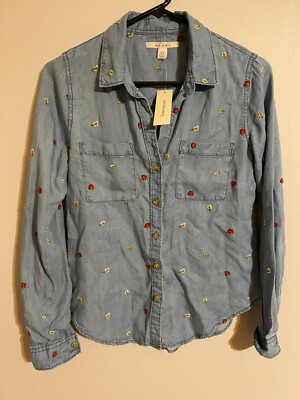 Miami Francesca's Chambray L/S Button Up Flowers Casual Shirt - Women's XS - New
