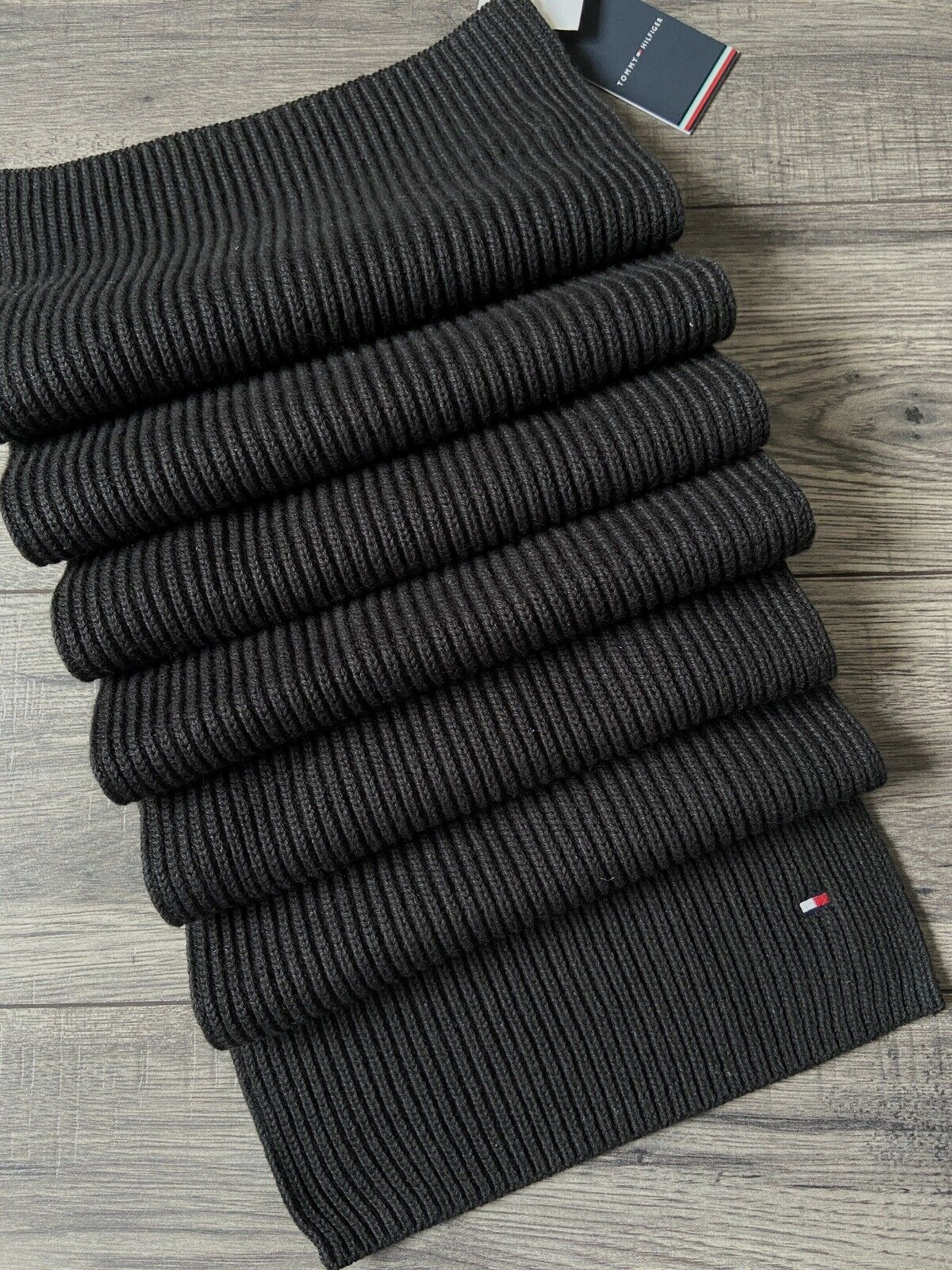 TOMMY HILFIGER BLACK COTTON CASHMERE CHUNKY RIBBED SCARF BNWT