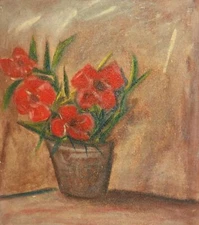 Vintage realist oil painting red flowers still life
