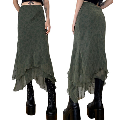 Green Long Skirts Gothic Women's Fashion Trend High Waist Ruffle Asymmetric New