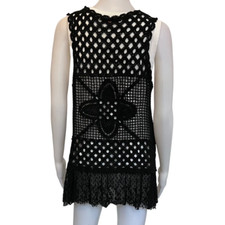 Vintage 1970s Black Crochet Long Vest Festival Hippie Boho Floral Hand Knit