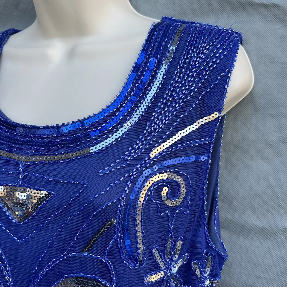 Costume Blue Sequin Beaded Halloween Flapper Dress Fringe Sleeveless - Image 3 of 4