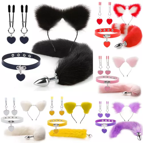 4Pcs Set Fox Butt Tail Collar Soft Cat Ears Headbands Cosplay Female Cute Heart - Bild 1 von 51