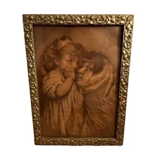 Vintage Framed Chromolithograph Victorian Print golden Moments Grannycore