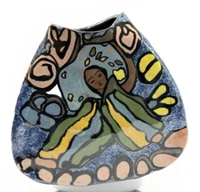 Primitivism or Naïve Art Pottery Vase Double Sided Woman Multi Colored Vase 