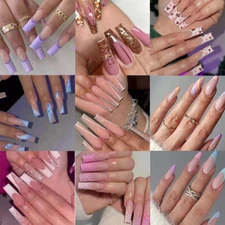 24pcs Coffin False Nails Full Cover French Ballerina Fake Nails Press On Nails