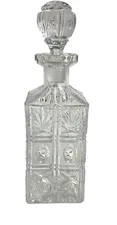Vintage Cut Crystal Liquor Whiskey Decanter Square Cut With Round Stopper 11”H