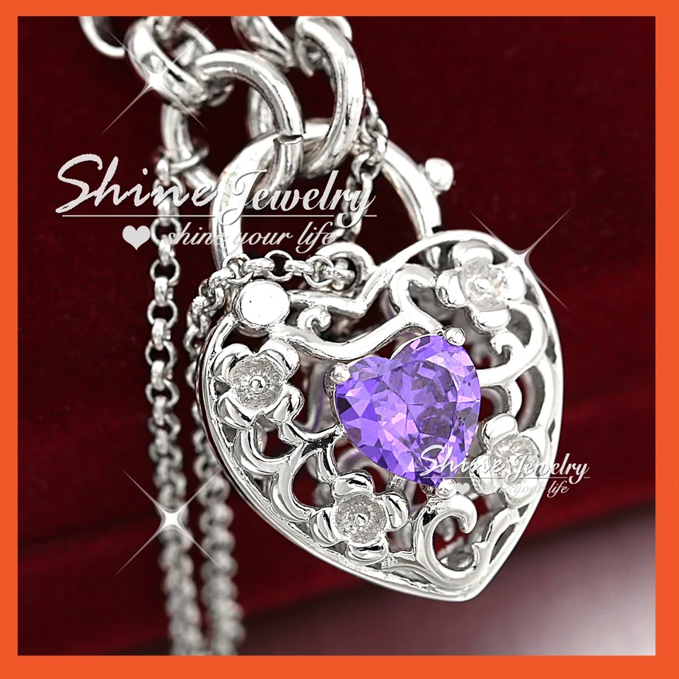 18K WHITE GOLD GF PURPLE AMETHYST CRYSTAL PADLOCK BELCHER CHAIN BANGLE BRACELET Foto 3 de 4