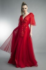 Embroidered Tulle Flutter Sleeve Gown