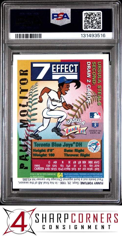 1996 BAZOOKA #64 PAUL MOLITOR BLUE JAYS HOF POP 6 PSA 10 - Image 2 of 3