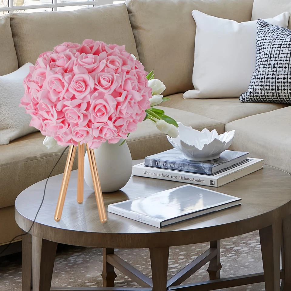 Linda lámpara de mesa rosa flor lámpara de escritorio floral noche... Foto 4 de 4