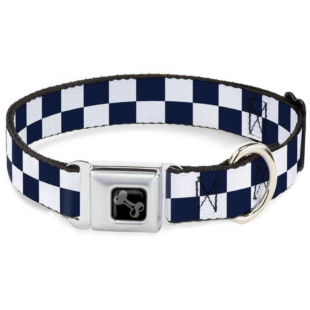 Dog Collar Bone Olde Scotland Yard Checker Midnight Blue/White WIDE-Large 20-31"