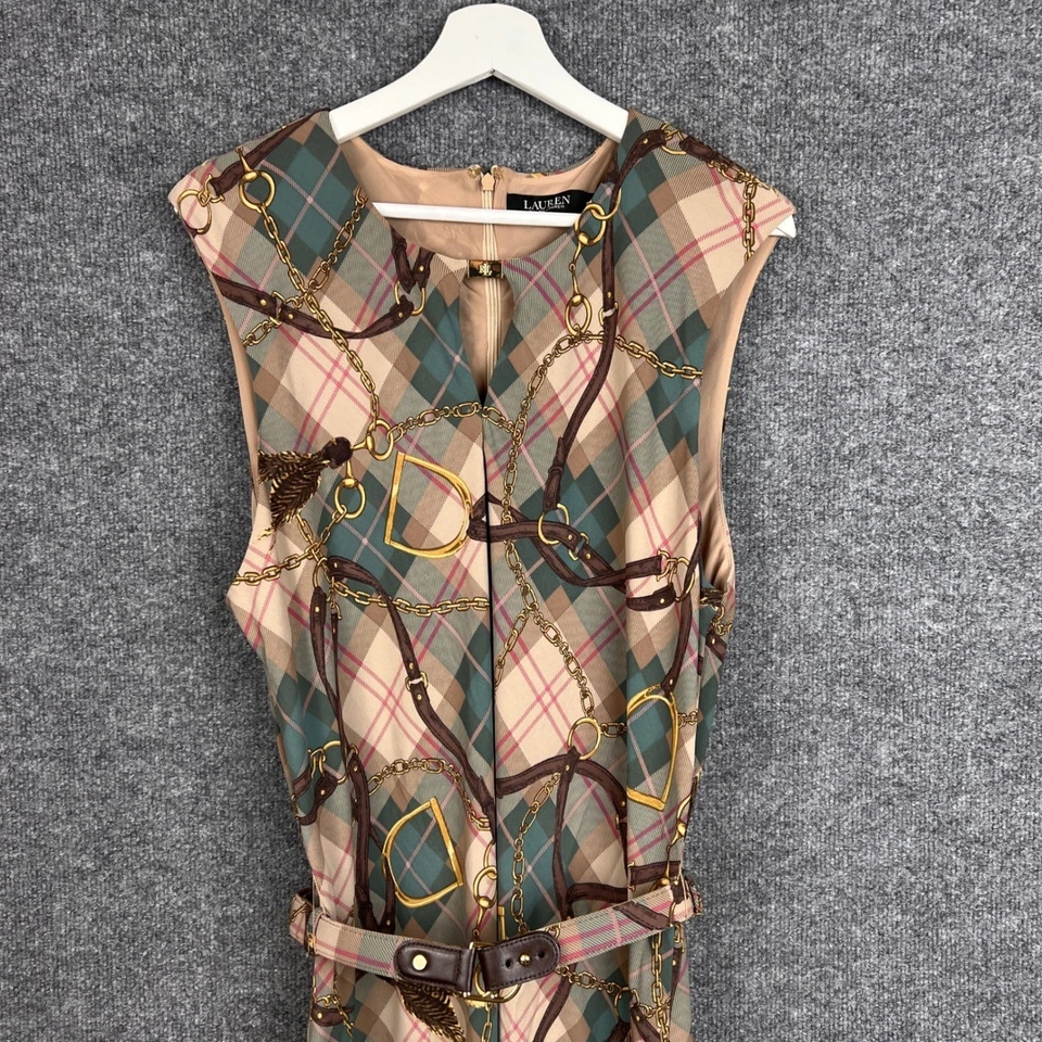 Lauren Ralph Lauren Plaid Belted Georgette Dress Sleeveless Plaid Chain Size 16 - Image 4 of 4