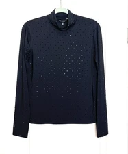 NWT Ming Wang Mock Neck Rhinestone Top Size M Long Sleeve Designer Black Evening