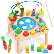 Activity Table, 6 in 1 Wooden Montessori Activity Center with Bead Maze Shape...