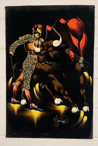 Vtg Velvet  Art Spanish Matador Bull Fighter Framed Painting Signed 24x36