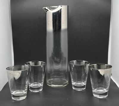 Vtg MCM Dorothy Thorpe Style Glass Cocktail Pitcher Silver Fade & 4 Glasses