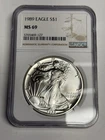 1989 NGC MS69 American Silver Eagle Dollar, U.S. .999 1 oz ASE bullion coin