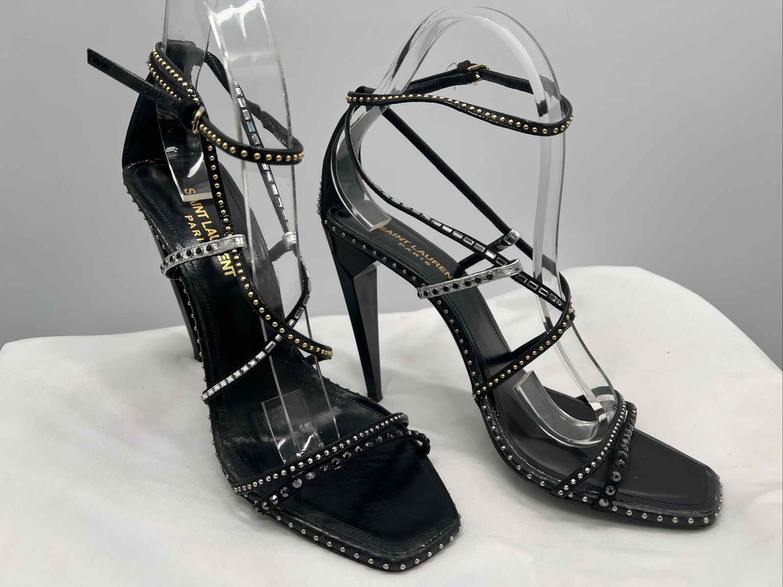 Sandali neri Yves Saint Laurent donna tacco a cono con pietre d'argento taglia 39 5