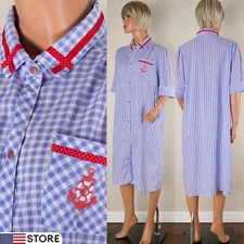 💖 SMART TIME Size M Blue Gingham Robe Housecoat MuMu Snap Pockets Red Trim