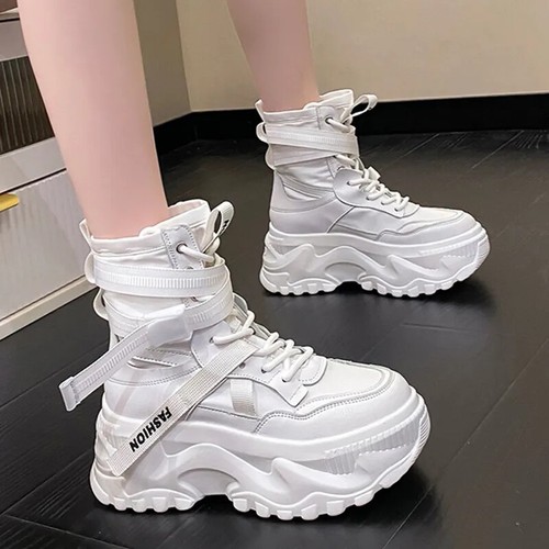 Fashion Women Chunky Platform Motorcycle Boots White Lace Up Thick Bottom Shoes - Picture 1 of 26