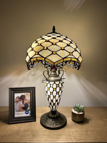 Enjoy Tiffany Style Table Lamp Crystal Beans Gold Stained Glass LED Bulbs H22 In - Picture 1 of 8