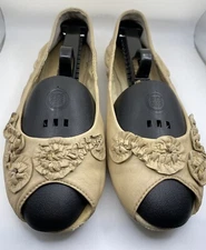 Report Beige Moxee Open Toe Leather Scrunch Ballet Flats, Floral Accents, 8.5