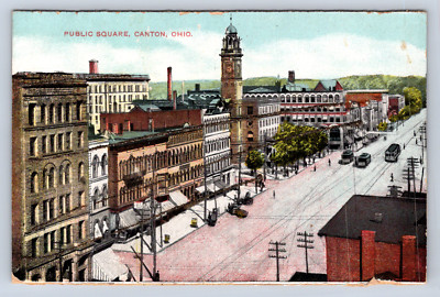 Vintage Postcard Public Square Canton Ohio Glittery