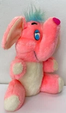 Vintage Dan Brechner Plush Toy 10” Pink Elephant w/ Blue Hair Heart Trunk Goofy