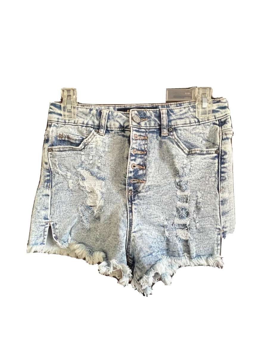 Indigo Rein High Rise Shorts Distressed Button Fly Size 9 waist 28