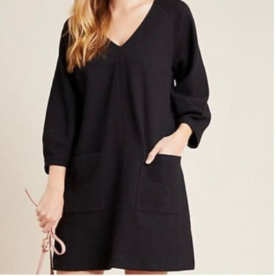 NWT Anthropologie Maeve Angelika V-Neck 3/4 Sleeve Tunic Mini Dress Black XS