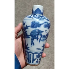 6.7" China Ming Blue and White Porcelain Chai Kiln Animal Sika Deer Plum Vase