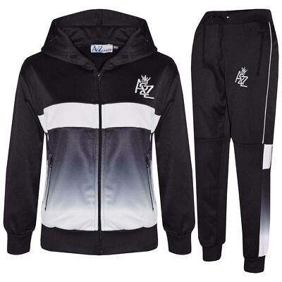 Mädchen Jungen Trainingsanzug A2Z Fade Gradient Kapuze Oberteil Unterteil Schwarz Jogginganzug
