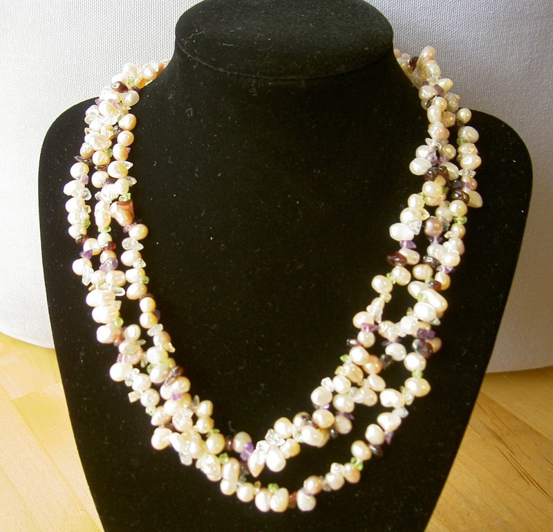 14K MO YELLOW GOLD FRESHWATER PASTEL PEARLS MULTI-GEMSTONE 3-STRAND NECKLACE-17"