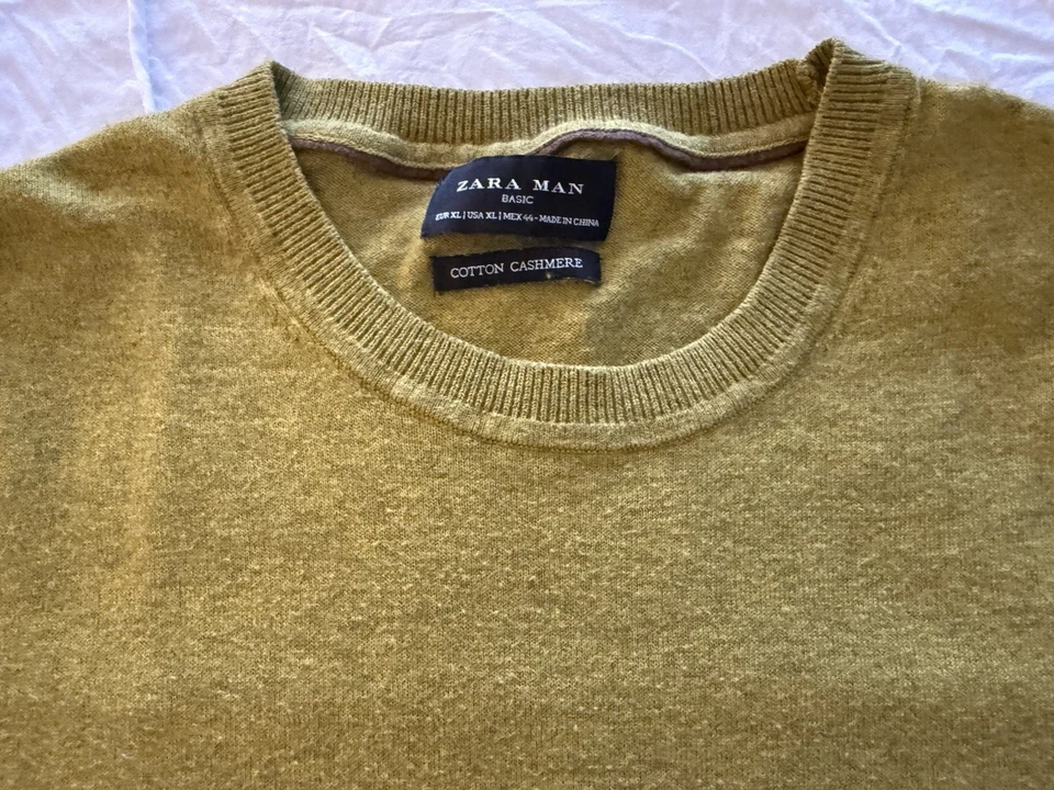 Suéter Zara Hombre Básico Talla XL Algodón Cachemira Cuello Redondo Amarillo Mostaza Foto 3 de 4