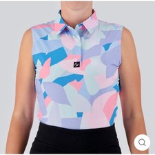 Full Wedge Golf Womens Sleeveless Polo Shirt Abstract Print Blue Pink Purple 2XL