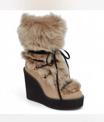 Stuart Weitzman Nikita Fur Trim Lace-Up Platform Wedge Bootie Brownstone 9/39