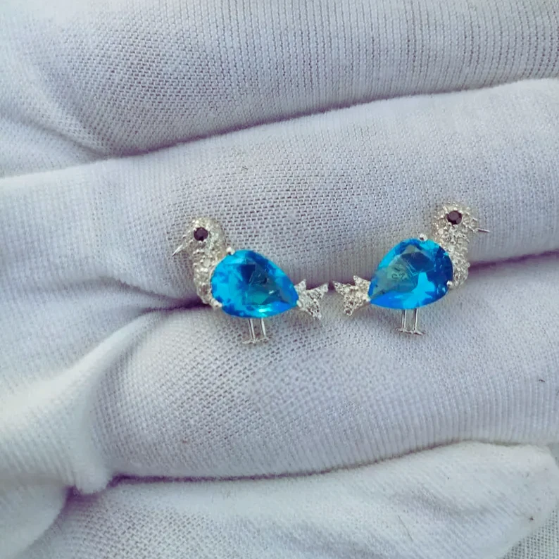 lab Created Blue Topaz Bird Earring 925 Sterling Silver Stud Earring For Gift - Image 2 of 4