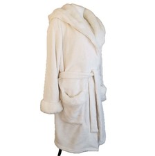 Pottery Barn PB Teen Hooded Robe L Ivory Plush Faux Fur Trim Hooded Spa Bath OS