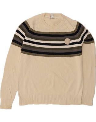 BIKKEMBERGS Mens Crew Neck Jumper Sweater Large Beige Striped Cotton AJ08