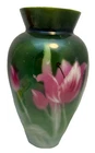 Antique Art Nouveau Handpainted Milk Glass 10.5" Vase Green w/Pink Floral
