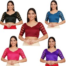 Women Dupion Silk Blouse Lace Work Sleeves Sweetheart Neck Traditional Choli
