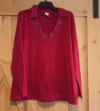 Fashion Bug Size 18/20 Red Collared Top Stretch Grommet V Neck