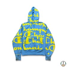Champion Reverse Weave Hoodie Mens Small Blue AOP Spell Out Hooded Sweatshirt