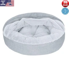 Plush Hooded Donut Pet Bed Cozy Canine Nest Burrow Security Rest Slip Resistant